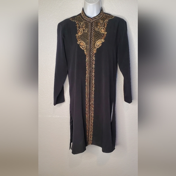 Black Tunic with Gold Embroidery Mandarin Collar Sherwani Kaftan Size 10 - Picture 2 of 10